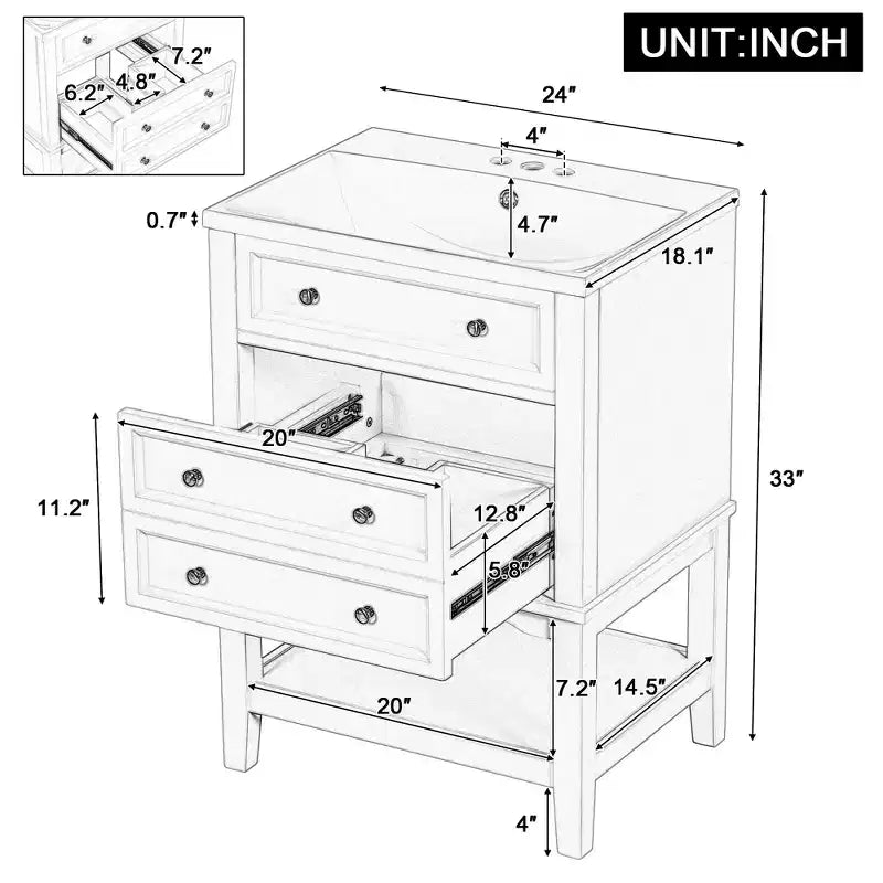 Mobiletto da bagno salvaspazio 24 pollici con lavabo, mobiletto da bagno in legno con cassetti e ripiano aperto, bianco