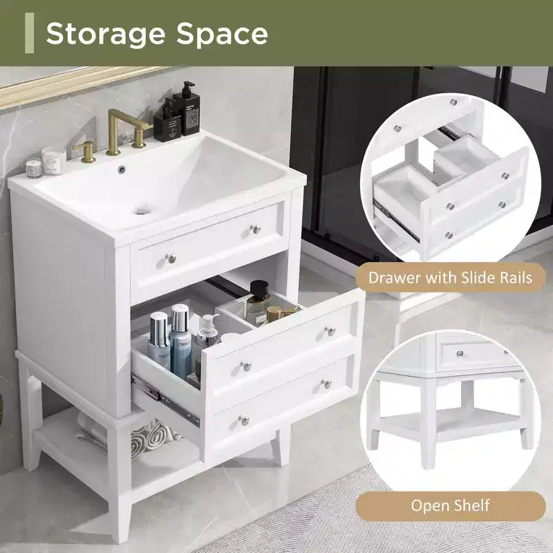 Mobiletto da bagno salvaspazio 24 pollici con lavabo, mobiletto da bagno in legno con cassetti e ripiano aperto, bianco