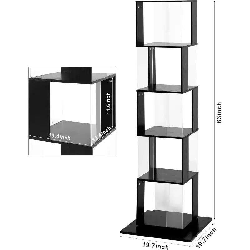 Libreria Girevole a 360° a 6 Ripiani, Scaffale Stretto in Legno con Pannelli in Acrilico, Organizer da Terra per Camera da Letto, Soggiorno, Studio