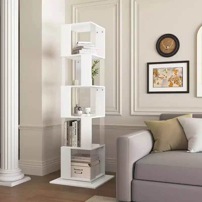 Libreria Girevole a 360° a 6 Ripiani, Scaffale Stretto in Legno con Pannelli in Acrilico, Organizer da Terra per Camera da Letto, Soggiorno, Studio