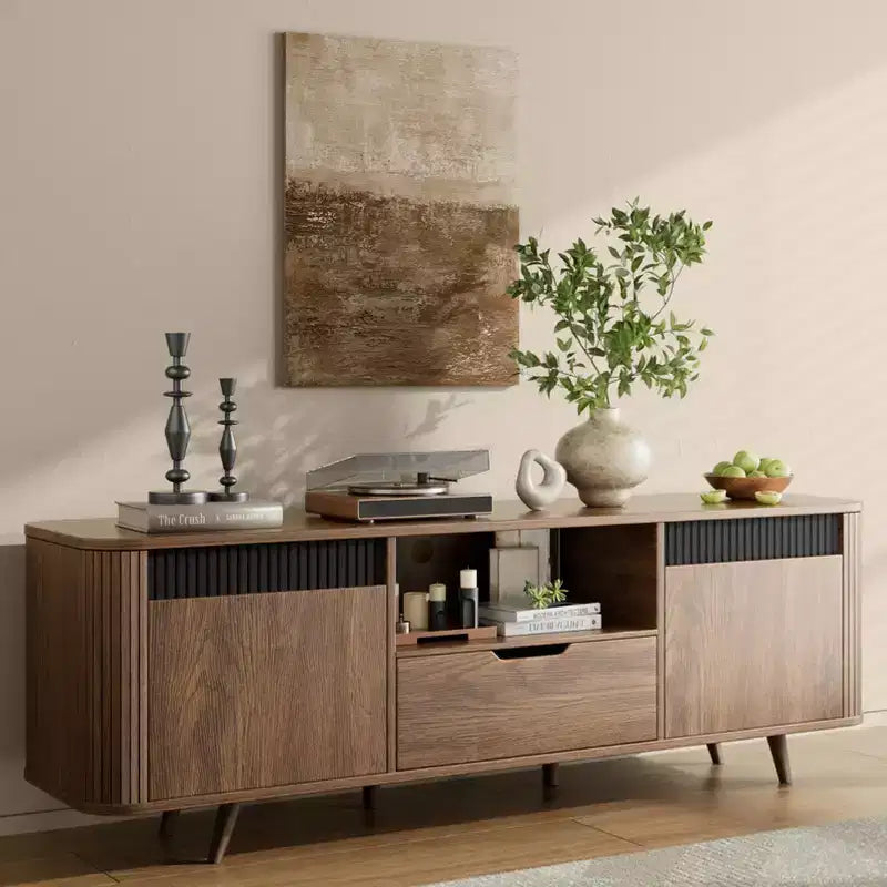 Modern 55 Inch TV Stand For TVs Up To 65 Inch Fluted Media Console With Drawer Charging Station Mid Century Wood Entertainment Center Living Rooms