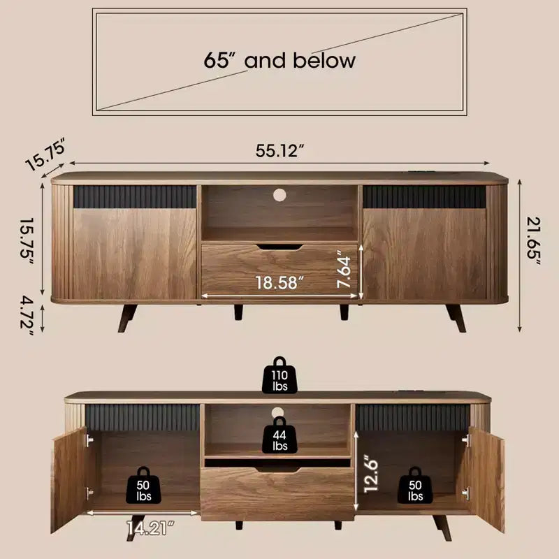 Modern TV Stand da 55 pollici per TV fino a 65 pollici, Consolle multimediale scanalata con cassetto e stazione di ricarica, Mobile TV in legno in stile Mid-Century per soggiorni