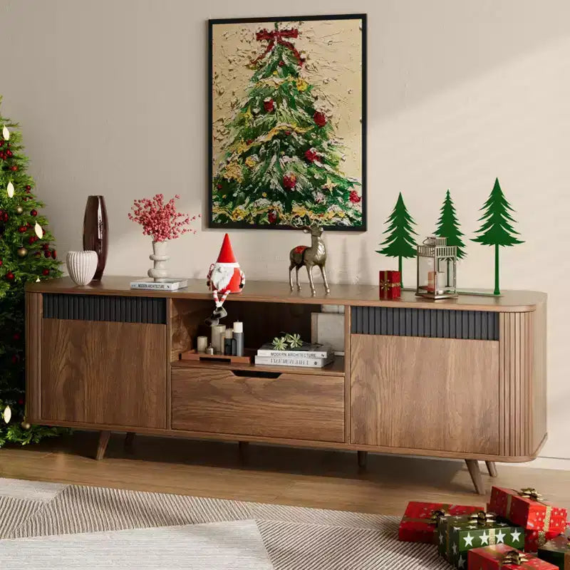 Modern TV Stand da 55 pollici per TV fino a 65 pollici, Consolle multimediale scanalata con cassetto e stazione di ricarica, Mobile TV in legno in stile Mid-Century per soggiorni