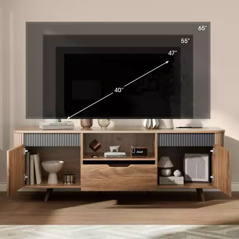Modern TV Stand da 55 pollici per TV fino a 65 pollici, Consolle multimediale scanalata con cassetto e stazione di ricarica, Mobile TV in legno in stile Mid-Century per soggiorni