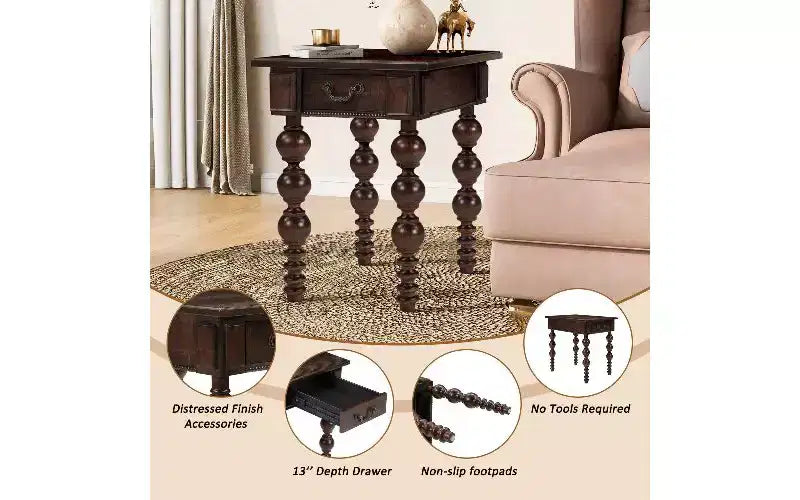 TUYOHW Tavolino d'Appoggio da Fattoria con Cassetto e Fusi a Bolla, Tavolino da Salotto con Piano in Impiallacciatura di Legno di Acacia Impermeabile, Comodino Vintage