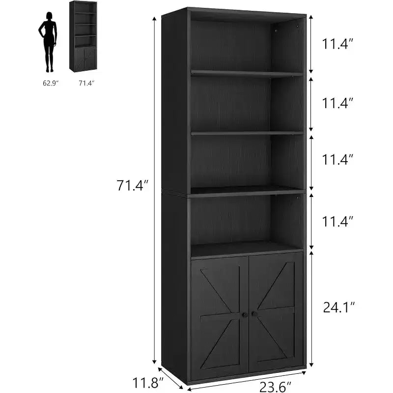 Confezione da 2 librerie alte in legno a 4 ripiani con doppia anta e 4 ripiani aperti, vetrinette da pavimento per ufficio, casa, libreria, nere
