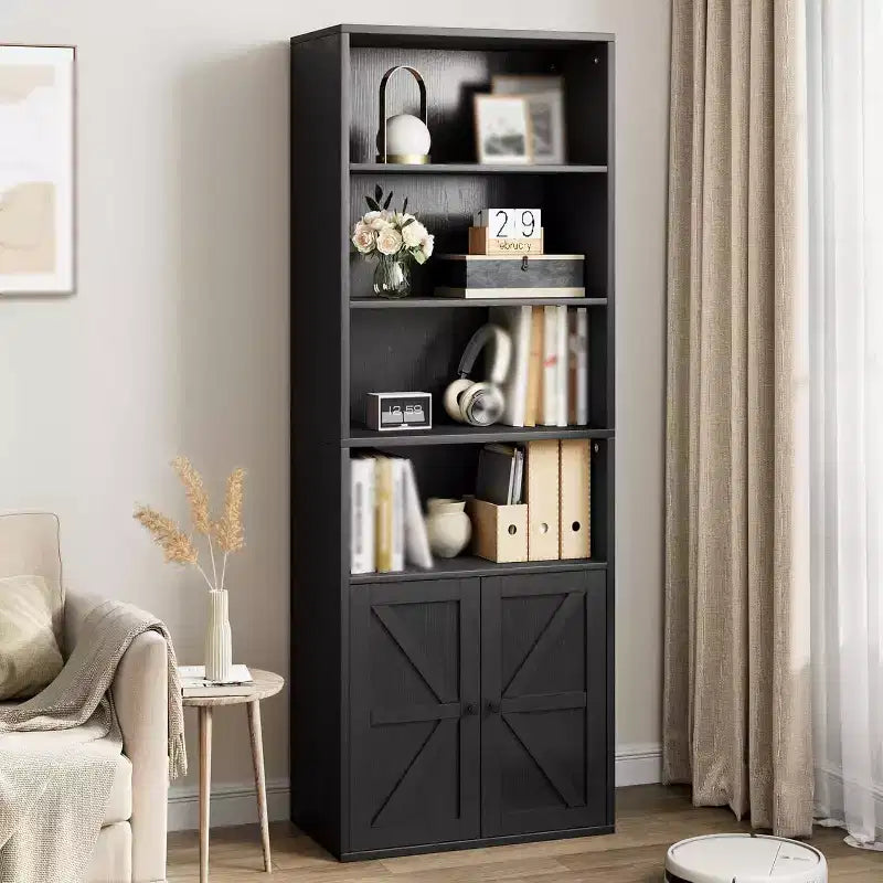 Confezione da 2 librerie alte in legno a 4 ripiani con doppia anta e 4 ripiani aperti, vetrinette da pavimento per ufficio, casa, libreria, nere