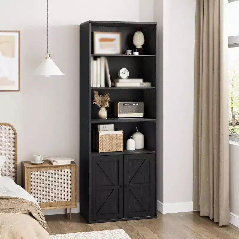 Confezione da 2 librerie alte in legno a 4 ripiani con doppia anta e 4 ripiani aperti, vetrinette da pavimento per ufficio, casa, libreria, nere