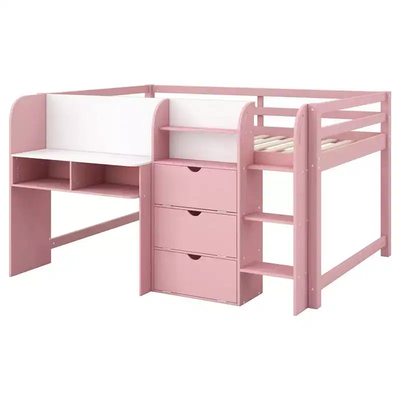 Luxystar Letto a soppalco basso a una piazza e mezza con scrivania integrata, mobili contenitore, libreria aperta e lavagna per graffiti