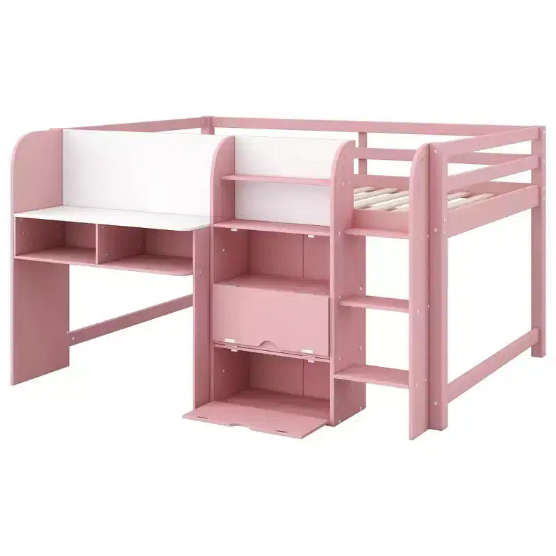 Luxystar Letto a soppalco basso a una piazza e mezza con scrivania integrata, mobili contenitore, libreria aperta e lavagna per graffiti