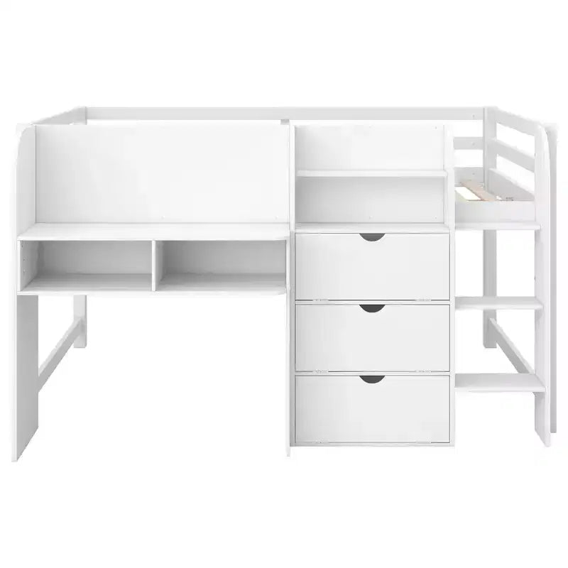 Luxystar Letto a soppalco basso a una piazza e mezza con scrivania integrata, mobili contenitore, libreria aperta e lavagna per graffiti