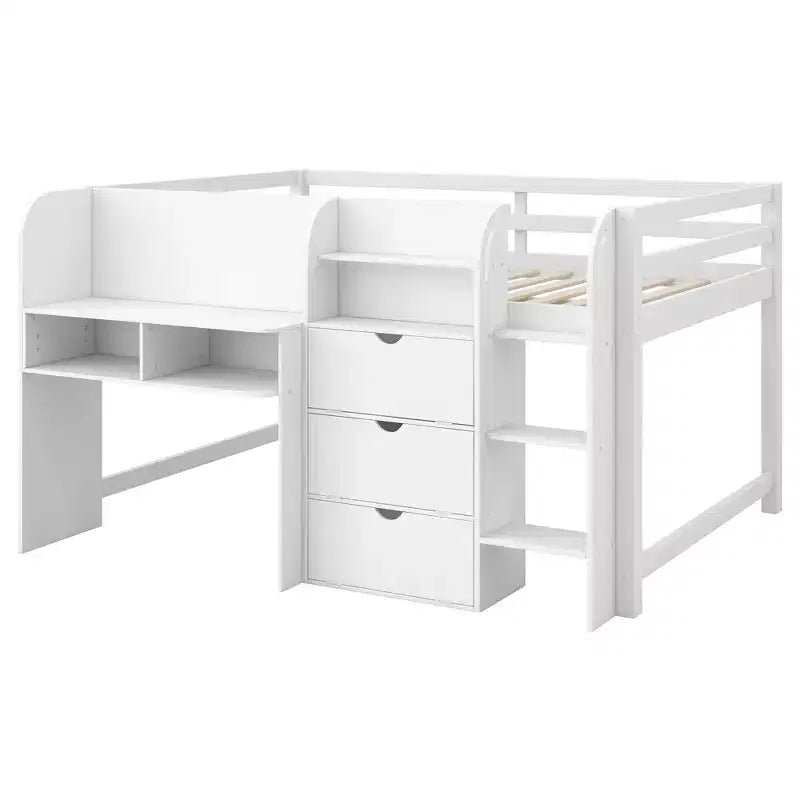 Luxystar Letto a soppalco basso a una piazza e mezza con scrivania integrata, mobili contenitore, libreria aperta e lavagna per graffiti