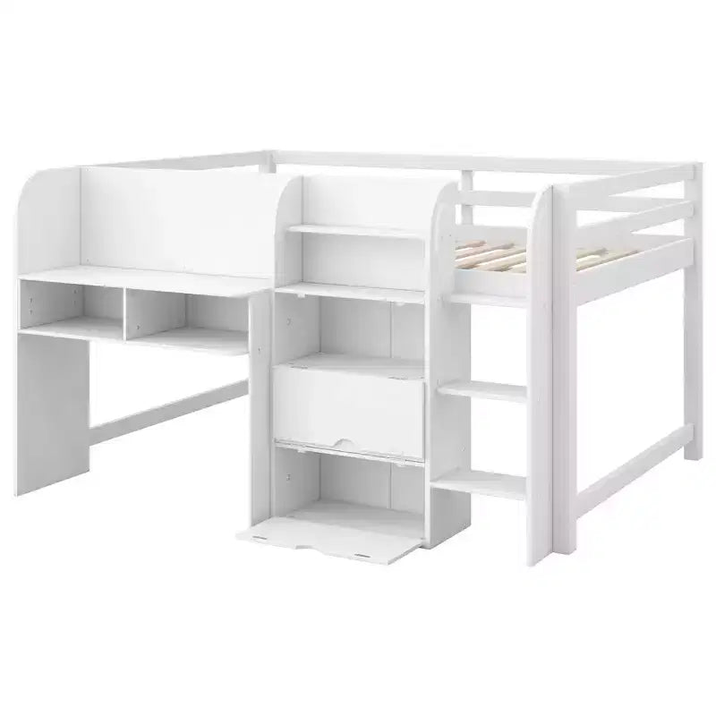 Luxystar Letto a soppalco basso a una piazza e mezza con scrivania integrata, mobili contenitore, libreria aperta e lavagna per graffiti