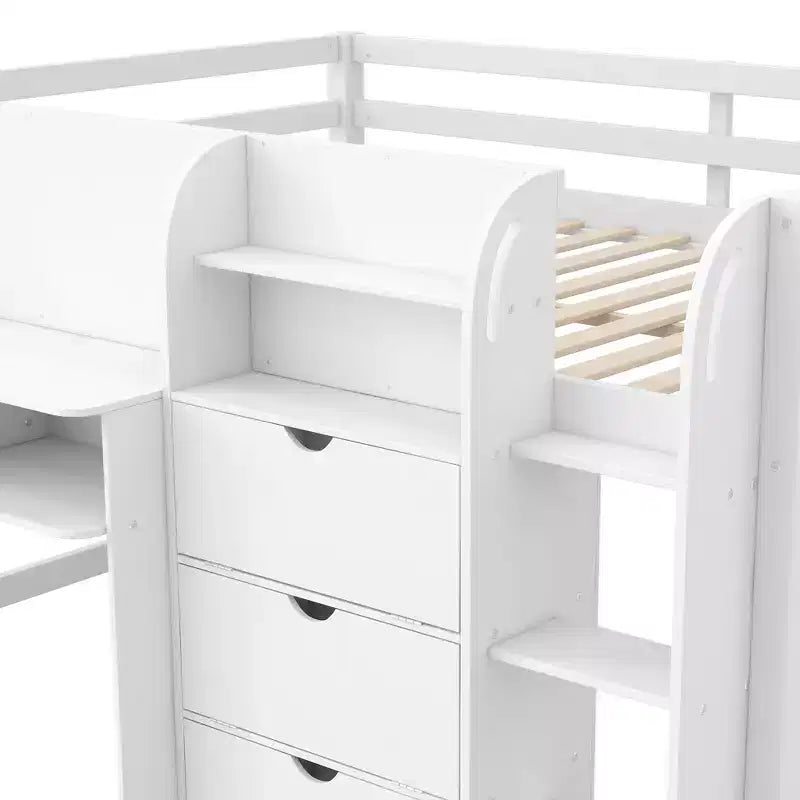 Luxystar Letto a soppalco basso a una piazza e mezza con scrivania integrata, mobili contenitore, libreria aperta e lavagna per graffiti