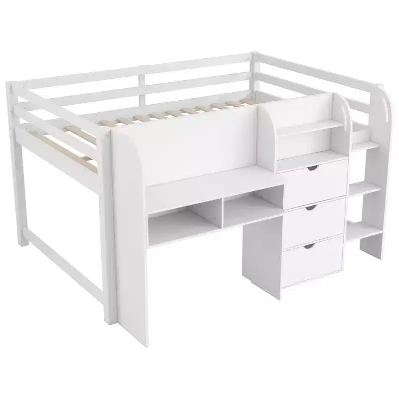 Luxystar Letto a soppalco basso a una piazza e mezza con scrivania integrata, mobili contenitore, libreria aperta e lavagna per graffiti