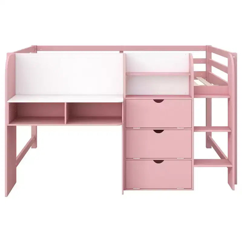 Luxystar Letto a soppalco basso a una piazza e mezza con scrivania integrata, mobili contenitore, libreria aperta e lavagna per graffiti