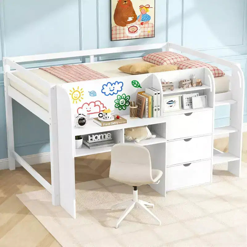 Luxystar Letto a soppalco basso a una piazza e mezza con scrivania integrata, mobili contenitore, libreria aperta e lavagna per graffiti