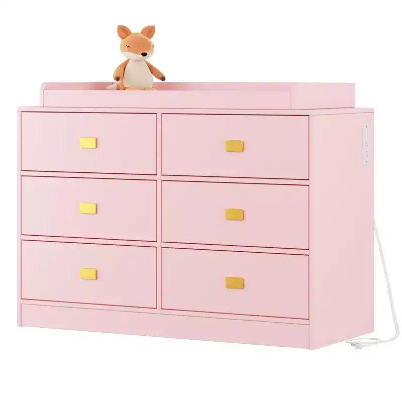 Acekool 6 Drawer Dresser with Changing Table Top, Wide Chest with Power Outlets, Removable Changing Pad, Nursery Storage Organizer for Infant, Pink