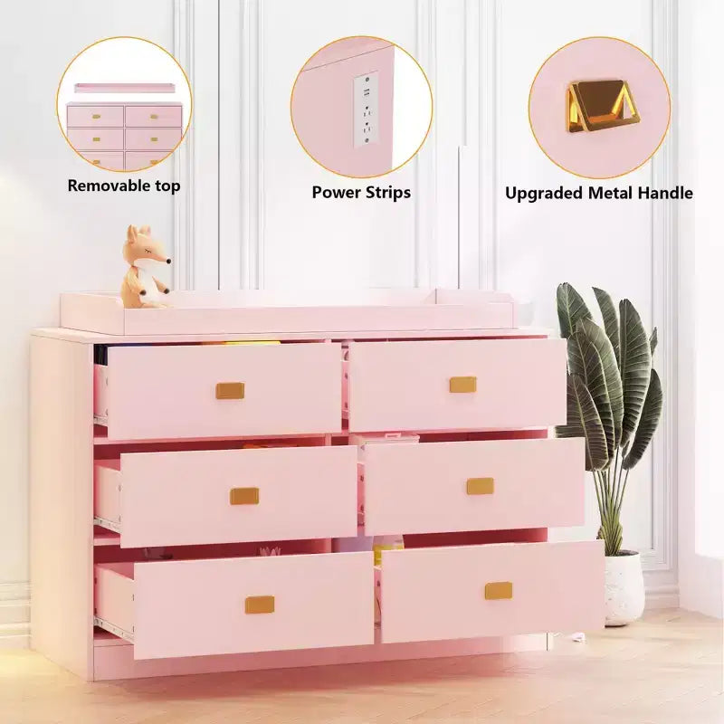 Comò a 6 cassetti Acekool con fasciatoio, cassettiera ampia con prese di corrente, fasciatoio rimovibile, organizer per cameretta neonati, rosa