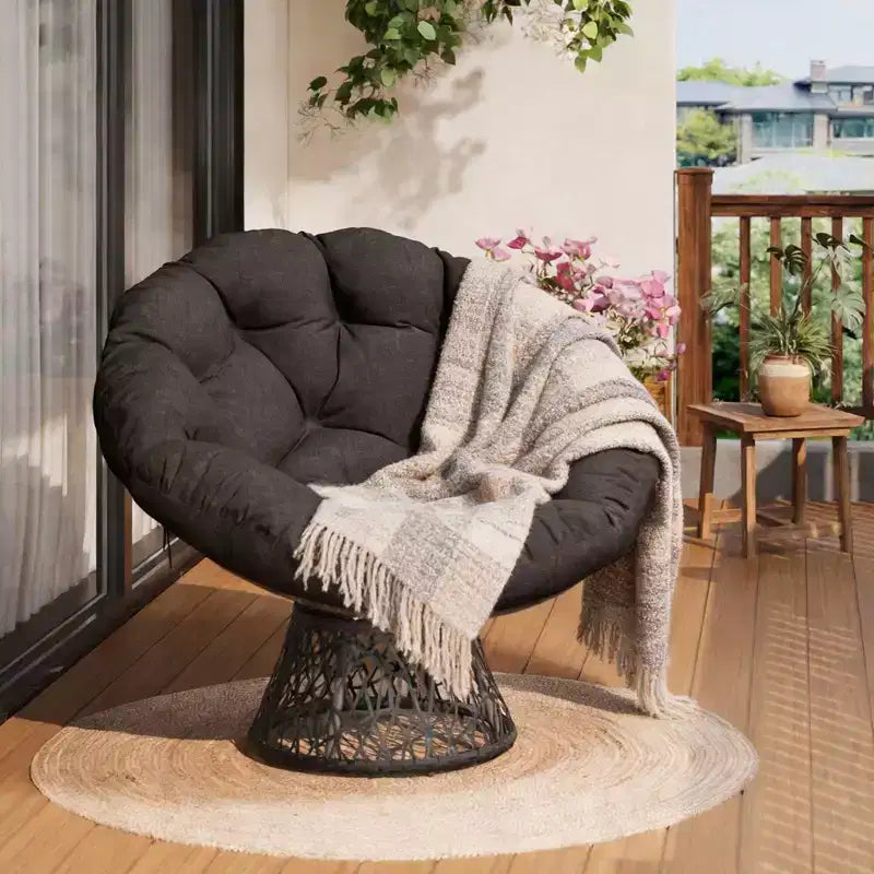 Sedia girevole Papasan in vimini da 37 pollici con cuscino spesso, rotonda, da esterno e interno, per il relax sul patio, telaio in acciaio