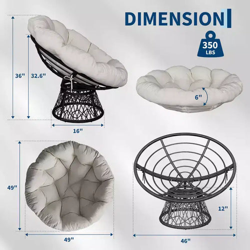 Sedia girevole Papasan in vimini da 37 pollici con cuscino spesso, rotonda, da esterno e interno, per il relax sul patio, telaio in acciaio