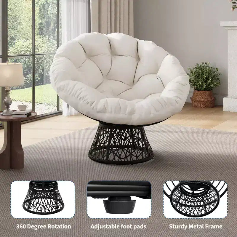 Sedia girevole Papasan in vimini da 37 pollici con cuscino spesso, rotonda, da esterno e interno, per il relax sul patio, telaio in acciaio