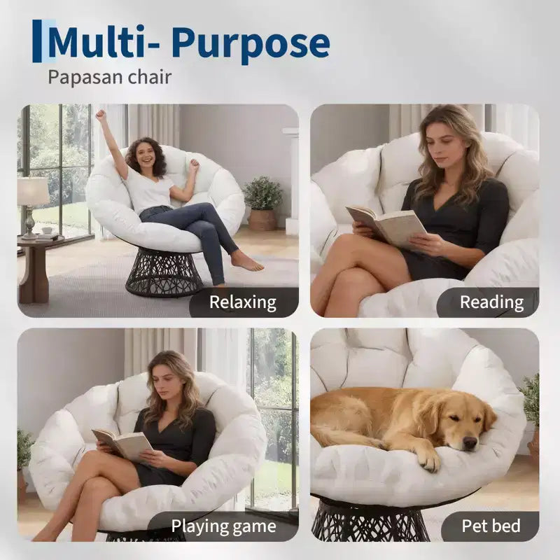 Sedia girevole Papasan in vimini da 37 pollici con cuscino spesso, rotonda, da esterno e interno, per il relax sul patio, telaio in acciaio