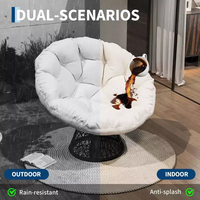 Sedia girevole Papasan in vimini da 37 pollici con cuscino spesso, rotonda, da esterno e interno, per il relax sul patio, telaio in acciaio