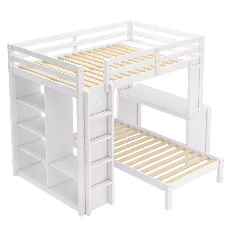 Letto a castello Full XL/Full su Twin con letto inferiore smontabile e scrivania, struttura in legno massiccio con ripiani integrati e armadio, bianco