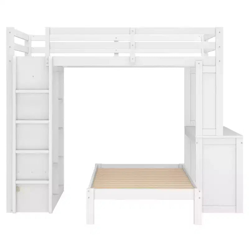 Letto a castello Full XL/Full su Twin con letto inferiore smontabile e scrivania, struttura in legno massiccio con ripiani integrati e armadio, bianco