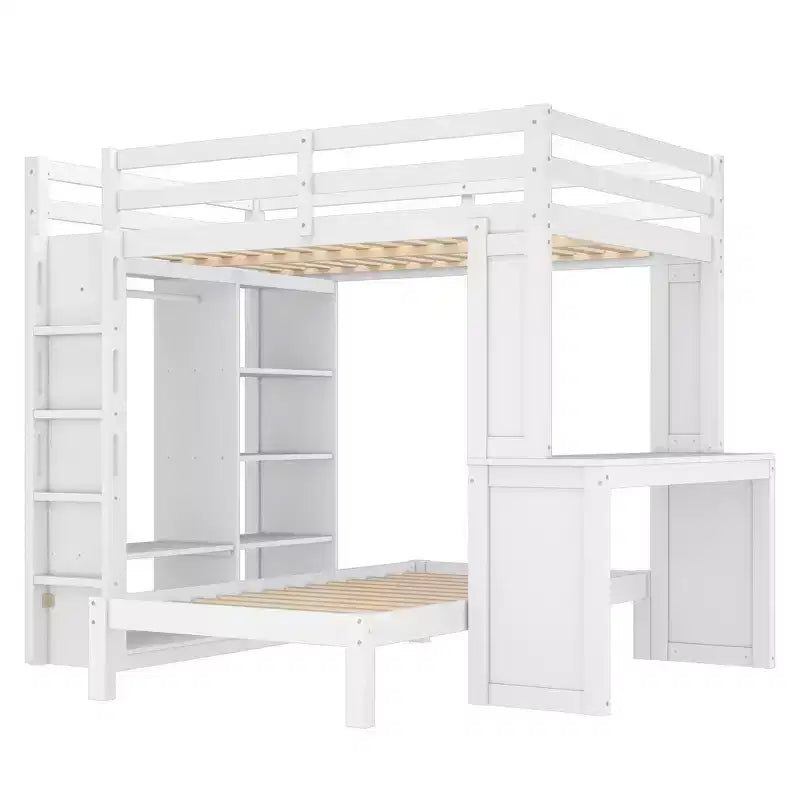 Letto a castello Full XL/Full su Twin con letto inferiore smontabile e scrivania, struttura in legno massiccio con ripiani integrati e armadio, bianco