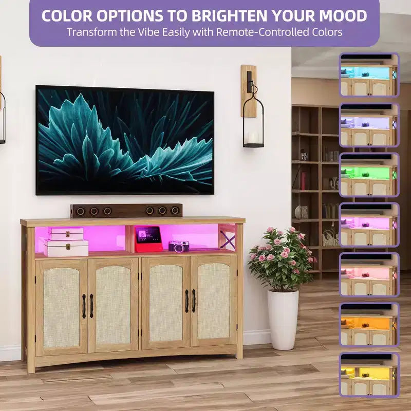Mobile TV rustico per TV da 60 pollici, centro di intrattenimento con luci a LED e prese di corrente, tavolo consolle TV per soggiorno