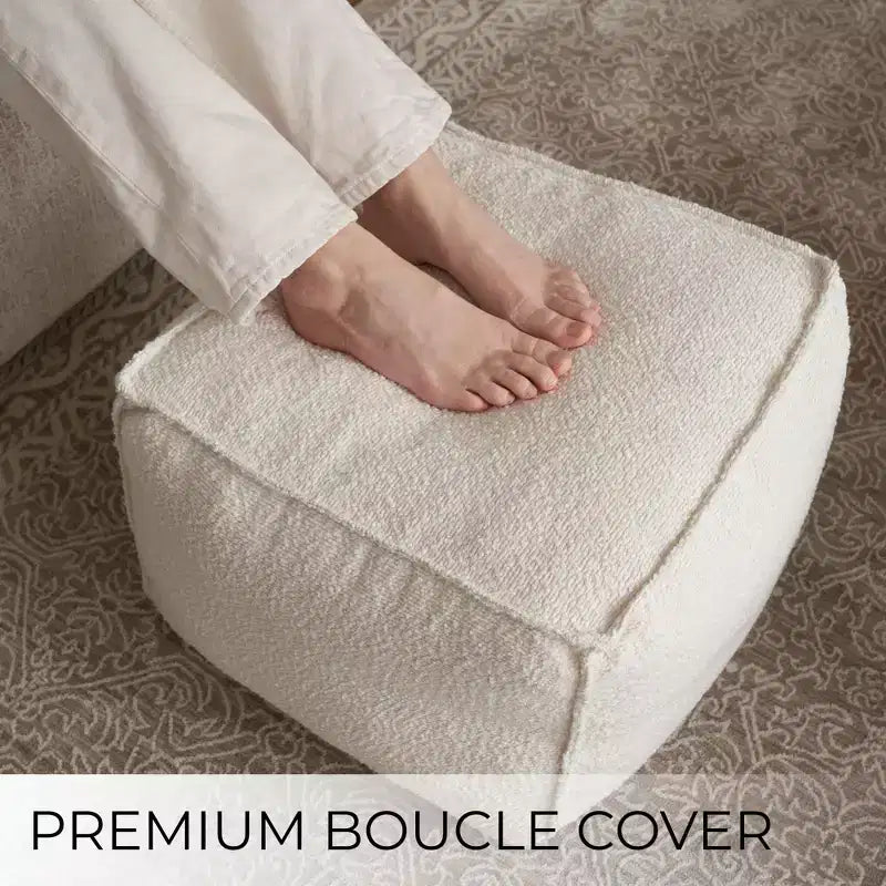 Pouf Ottomano Rotondo in Bouclé Poggiapiedi – Sgabello Leggero Imbottito in Schiuma per Salotto