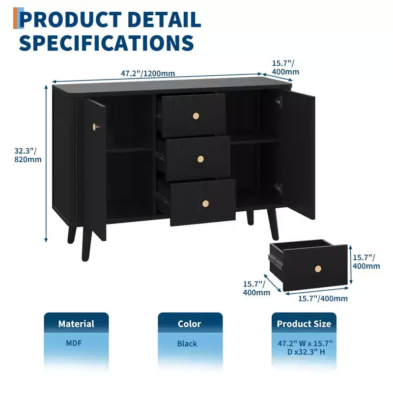 Madia/credenza moderna con scanalature da 47 pollici con 3 cassetti, mobile contenitore da cucina sottile, mobile bar in legno per sala da pranzo e soggiorno