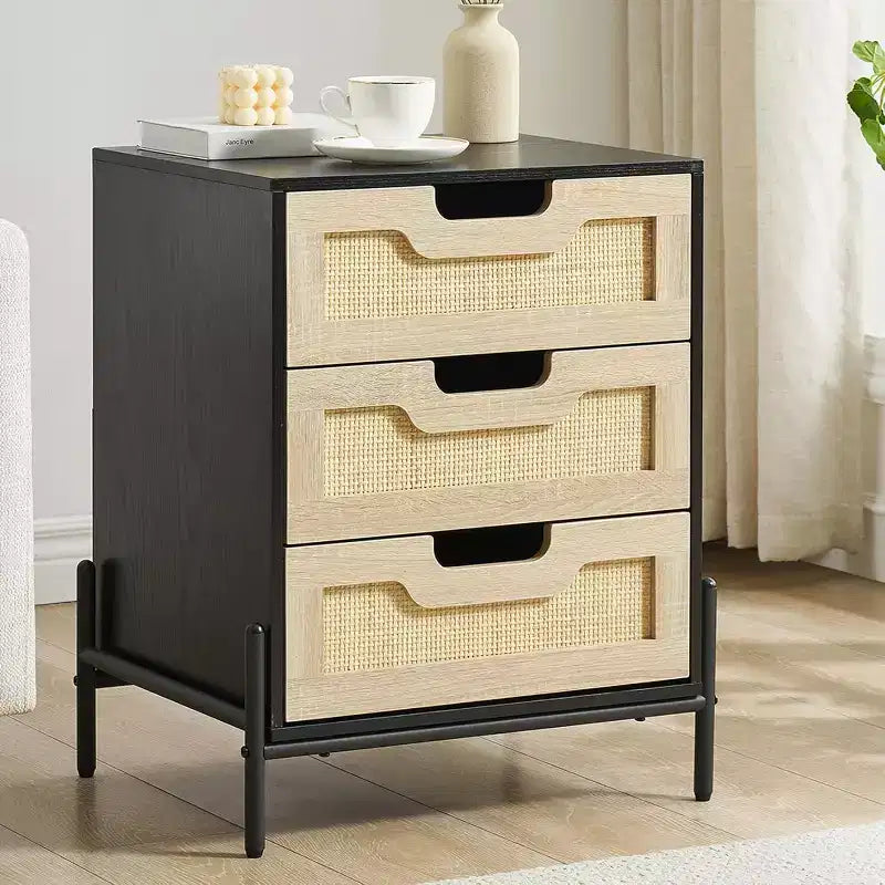Comodino, Comodino in rattan, Armadietto boho con 3 cassetti, Comodino per camera da letto, Armadietto in rattan, Soggiorno, Naturale, Confezione da 2
