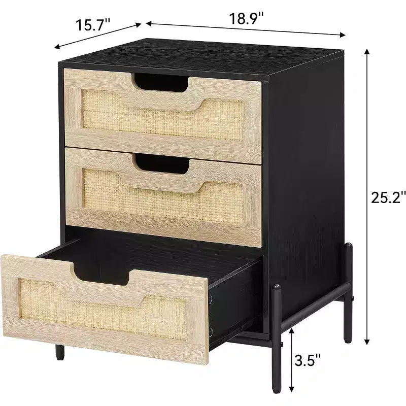 Comodino, Comodino in rattan, Armadietto boho con 3 cassetti, Comodino per camera da letto, Armadietto in rattan, Soggiorno, Naturale, Confezione da 2