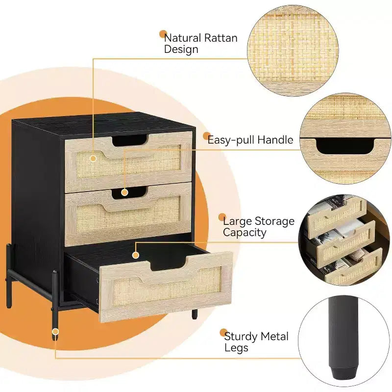 Comodino, Comodino in rattan, Armadietto boho con 3 cassetti, Comodino per camera da letto, Armadietto in rattan, Soggiorno, Naturale, Confezione da 2
