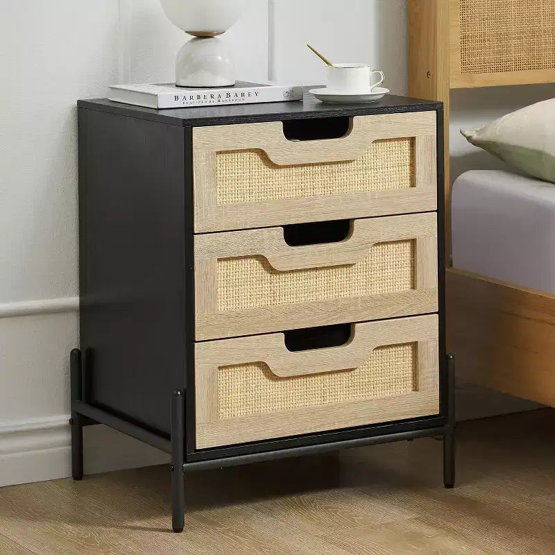 Comodino, Comodino in rattan, Armadietto boho con 3 cassetti, Comodino per camera da letto, Armadietto in rattan, Soggiorno, Naturale, Confezione da 2