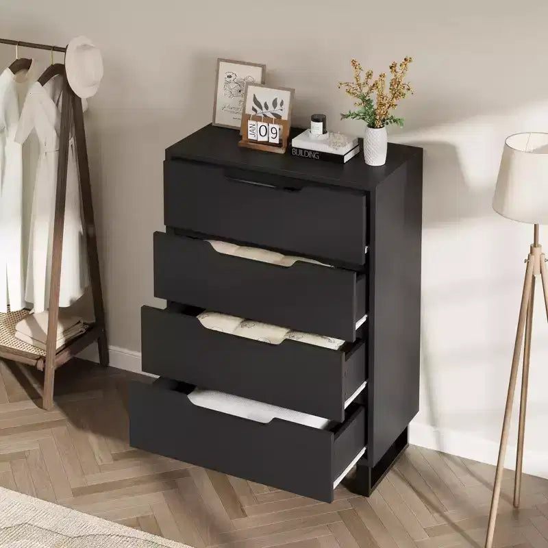 Comodino per Camera da Letto con 4 Cassetti, Comò Alto 105 cm, Mobile Verticale Indipendente con Cassetti e Vano Contenitore, Cassettiera in Legno per Armadio