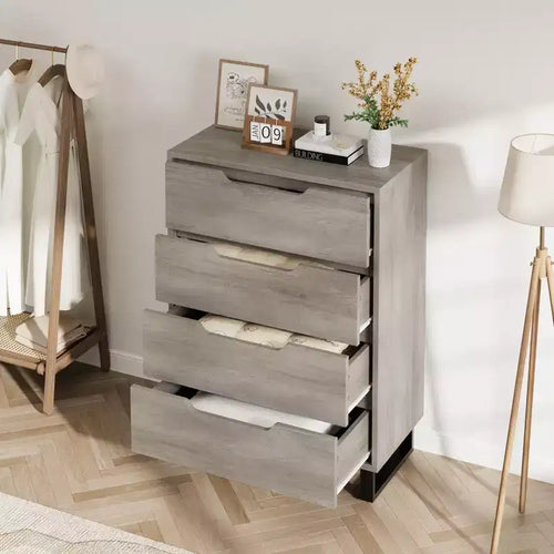 Comodino per Camera da Letto con 4 Cassetti, Comò Alto 105 cm, Mobile Verticale Indipendente con Cassetti e Vano Contenitore, Cassettiera in Legno per Armadio