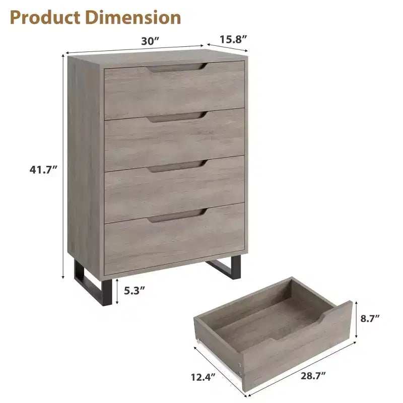 Comodino per Camera da Letto con 4 Cassetti, Comò Alto 105 cm, Mobile Verticale Indipendente con Cassetti e Vano Contenitore, Cassettiera in Legno per Armadio