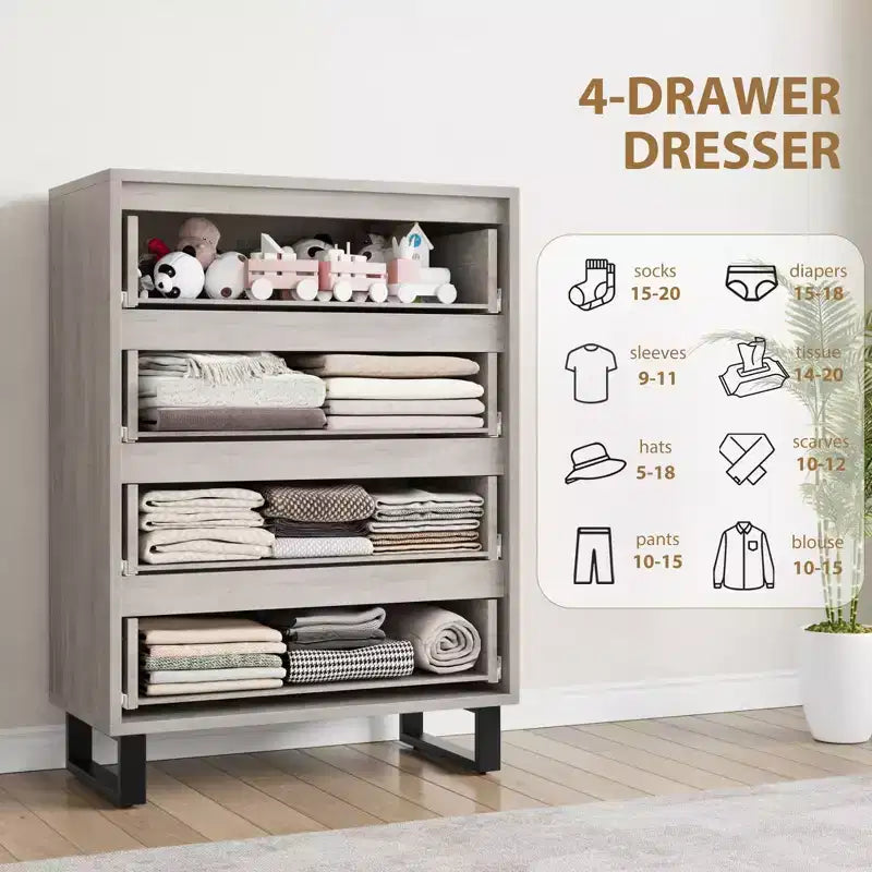 Comodino per Camera da Letto con 4 Cassetti, Comò Alto 105 cm, Mobile Verticale Indipendente con Cassetti e Vano Contenitore, Cassettiera in Legno per Armadio