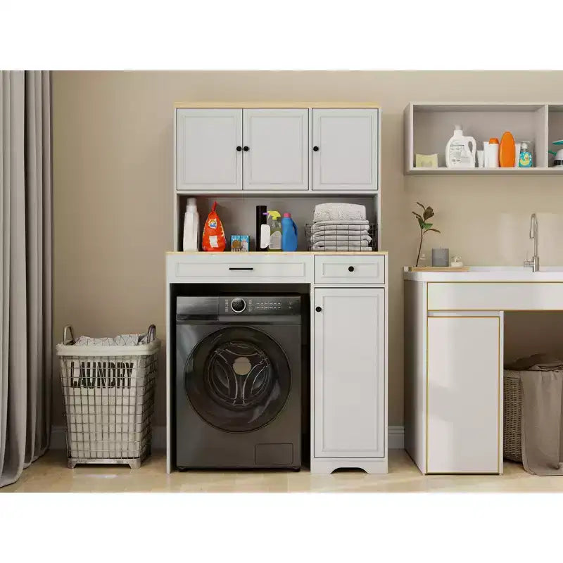 AndMakers Mobiletto portabiancheria bianco antico con ripiani regolabili, 105 cm (L) x 60 cm (P) x 182 cm (A)