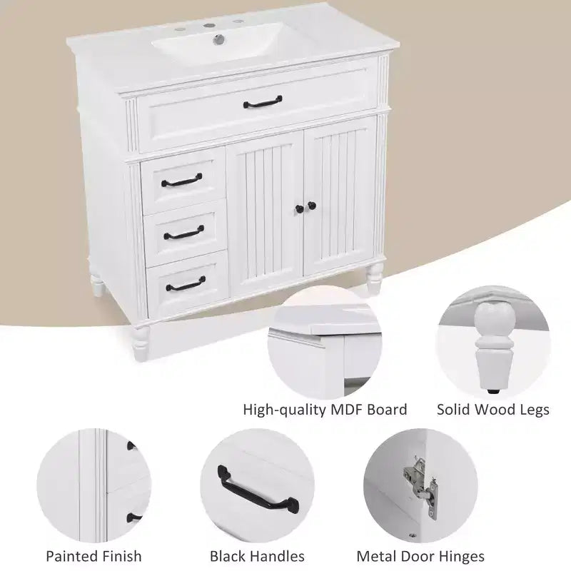 Mobile bagno con lavabo integrato da 36 pollici, mobiletto da bagno con cassetti, mobile bagno con lavabo singolo