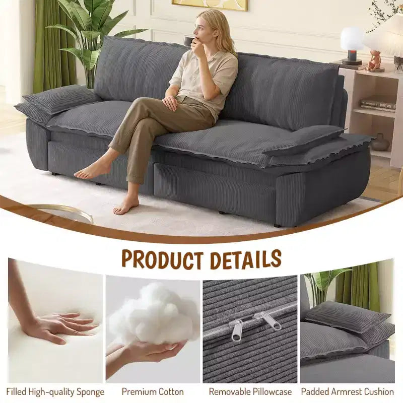 Divano letto convertibile 3 in 1 Queen Size con cuscini e struttura estraibile, divano letto moderno in velluto a coste per soggiorno o camera degli ospiti - Panipeachy
