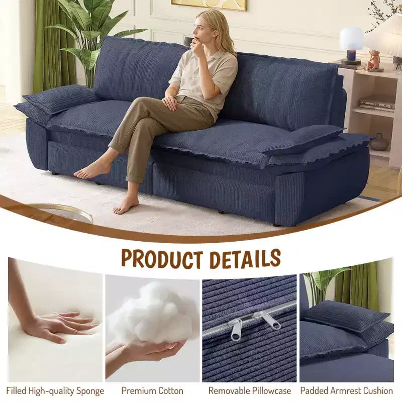 Divano letto convertibile 3 in 1 Queen Size con cuscini e struttura estraibile, divano letto moderno in velluto a coste per soggiorno o camera degli ospiti - Panipeachy