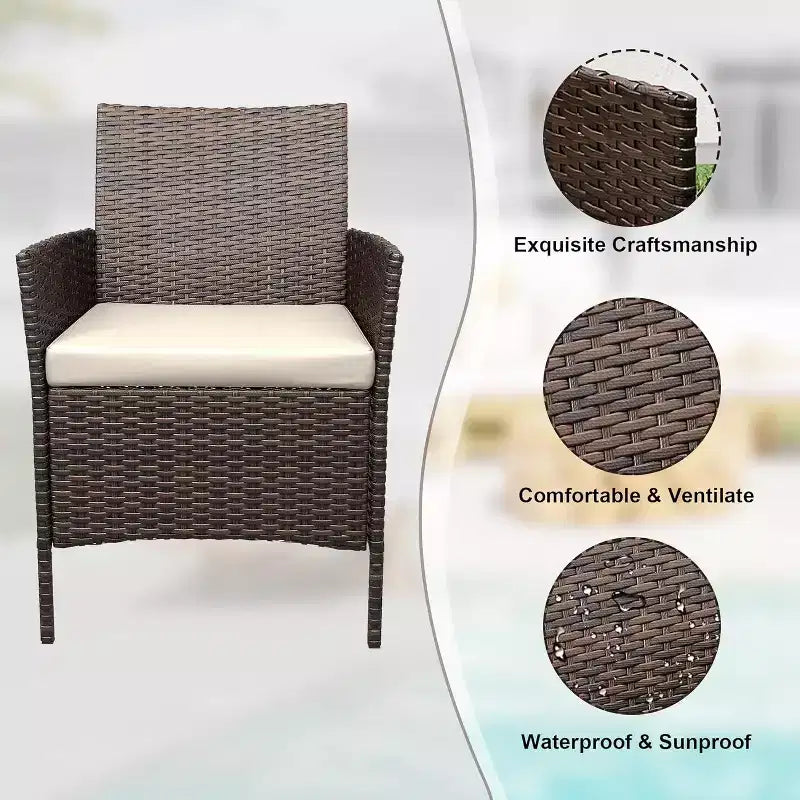 COZONY Set da 3 pezzi per patio esterno, 2 sedie in vimini di PE con tavolo da caffè in vetro e cuscino spesso per balcone, piscina, portico, cortile