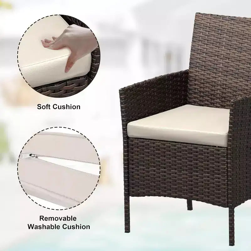 COZONY Set da 3 pezzi per patio esterno, 2 sedie in vimini di PE con tavolo da caffè in vetro e cuscino spesso per balcone, piscina, portico, cortile