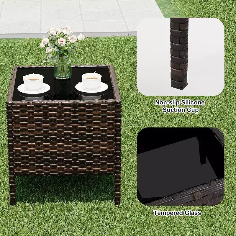 COZONY Set da 3 pezzi per patio esterno, 2 sedie in vimini di PE con tavolo da caffè in vetro e cuscino spesso per balcone, piscina, portico, cortile