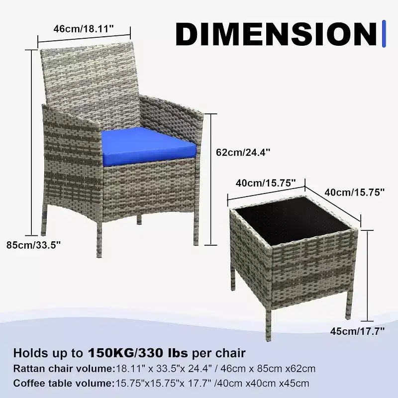 COZONY Set da 3 pezzi per patio esterno, 2 sedie in vimini di PE con tavolo da caffè in vetro e cuscino spesso per balcone, piscina, portico, cortile